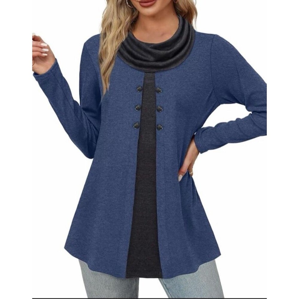 Bebonnie Tunic Women's Size Large‎ Blue And Gray Long Sleeve Cowl Neck Top